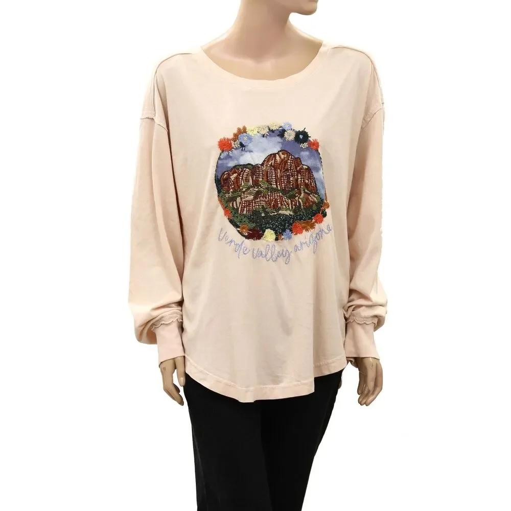 Free People Verde Valley Arizona Embroidered Graphic Long Sleeve Top M 289859